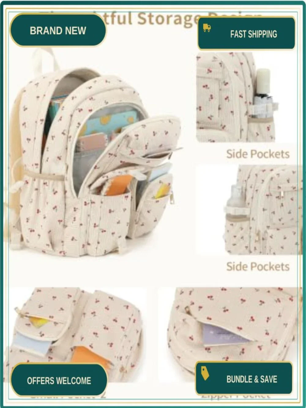 Corduroy 3-in-1 School Backpack Set with Lunch Box and Pencil Case, Lightweight